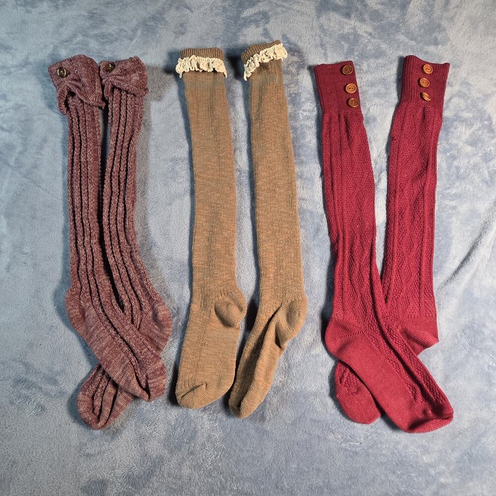 Lot 3 Women’s Knee High Boot Socks Knit Lace Button Burgundy Tan Mauve NWOT